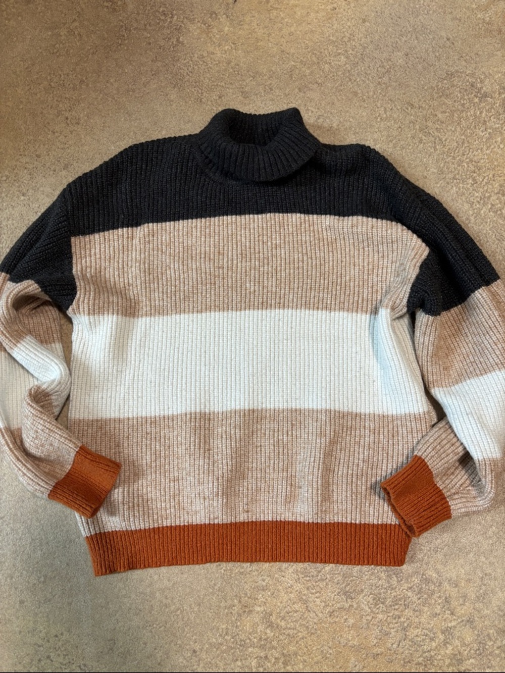 SHEIN Black, Cream, Tan & Rust-Trim Striped Mock Neck Sweater